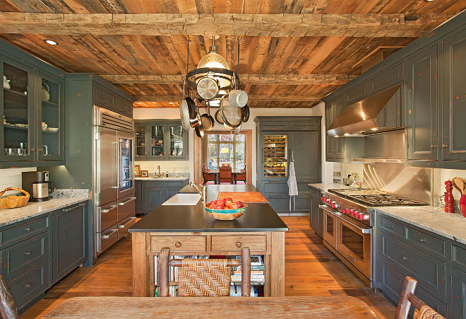 Kitchen reclaimed wood ceiling. Rustic Kitchen reclaimed wood ceiling. Rustic Kitchen with reclaimed wood ceiling and distressed cabinets. #Rustic #Kitchen #ReclaimedWood #Ceiling #Distressed #Cabinet