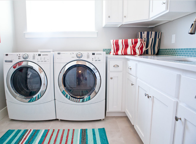 Laundry Room. White and turquoise Laundry Room. Laundry Room Rug. Laundry Room Runner. #LaundryRoom Four Chairs Furniture