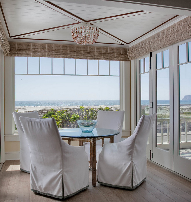 Lined Bamboo Shades. Coastal dining room with Lined Bamboo Shades. Neutral Lined Bamboo Shades. Natural Lined Bamboo Shades. #Lined #BambooShades #RomanShades Kim Grant Design Inc.