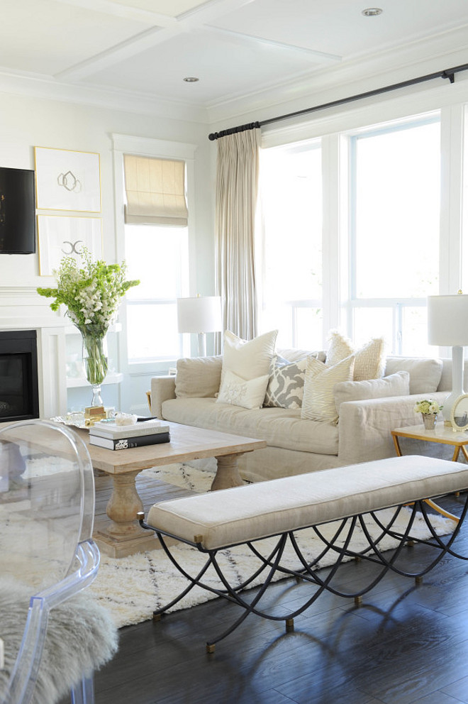Living room. White, Neutral, Beige, Curtains, Sofa, Living Room, Decor, Bench Monika Hibbs.
