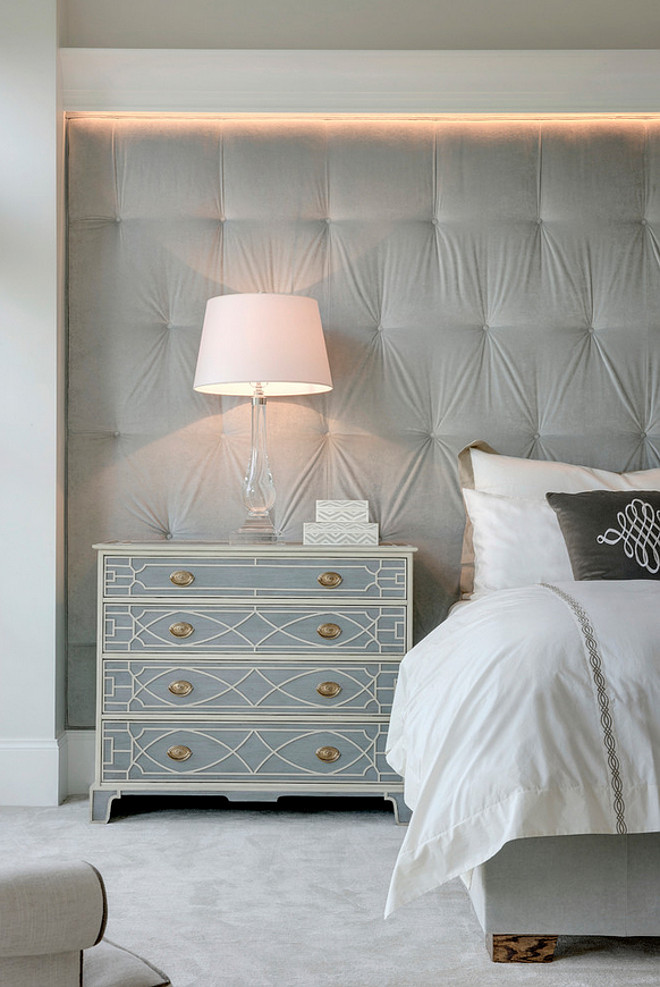 Master bedroom with tufted headboard wall. Spacecrafting Photography.