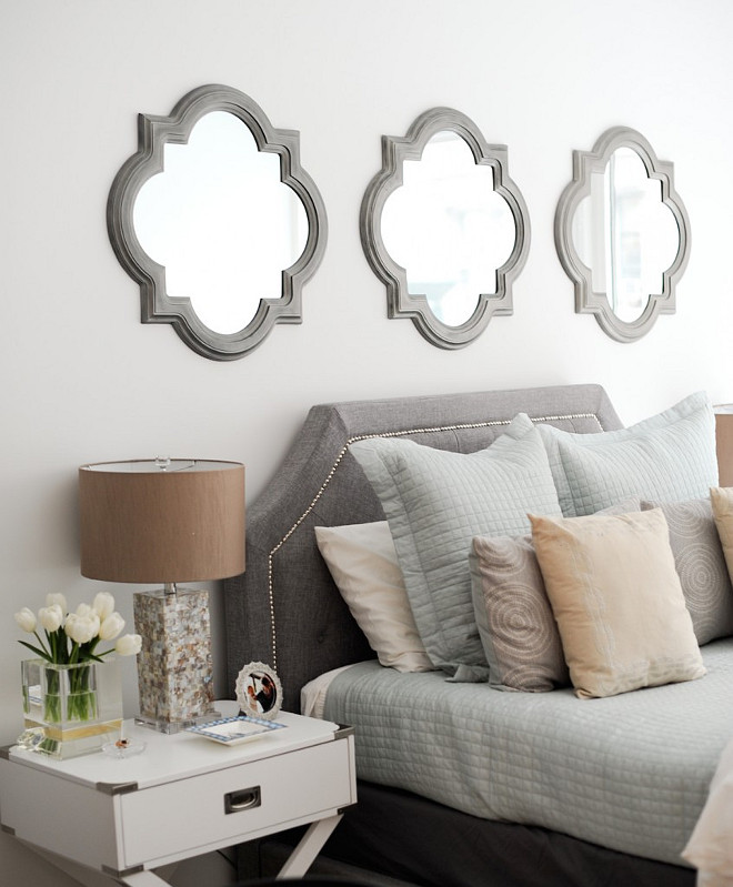 Mirror above bed ideas. Mirror above bed. Clover mirror above bed. Three clover mirrors above headboard bed. #Mirror #Bed #Bedroom Fashionable Hostess.