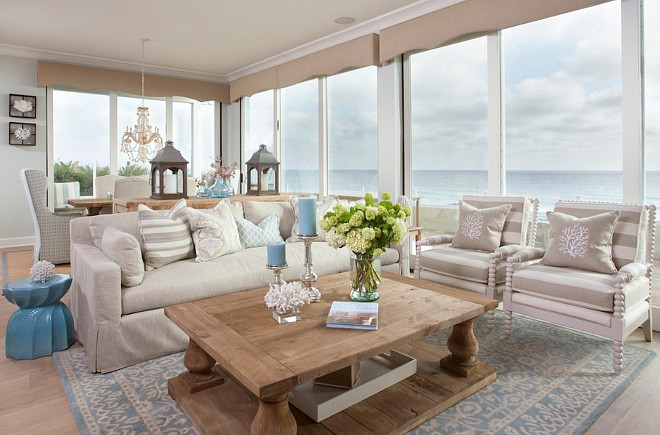 Neutral Living Room with Coastal Decor Ideas. Waterfront neutral living room with coastal decor. #Neutral #LivingRoom #CoastalDecor AGK Design Studio.