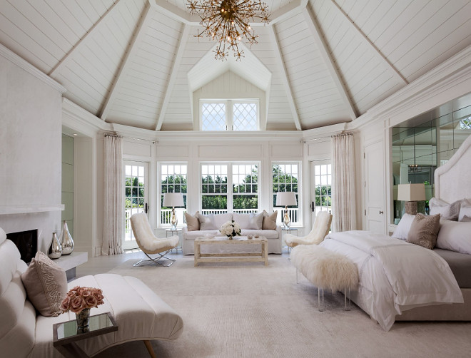 Plank Ceiling. Master Bedroom Ceiling. Gorgeous all white master bedroom with stunning white plank ceiling. #MasterBedroom #Ceiling #Planl #Plankceiling Sotheby's Homes.