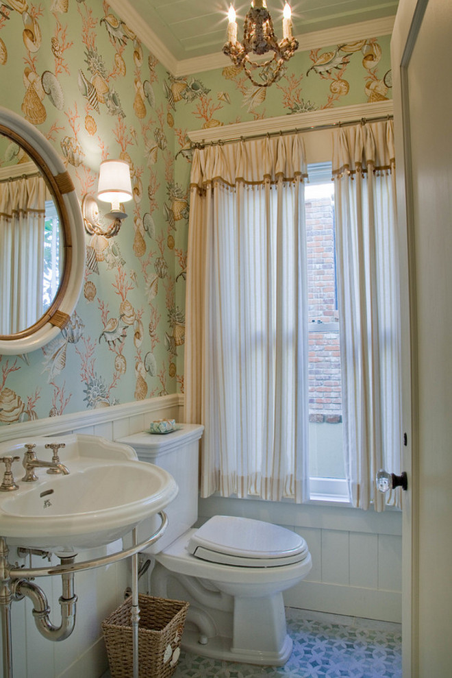 Powder Room Wallpaper. This powder room features a Thibaut Laguna Na Pali T2541 Aqua Wallpaper. #ThibautT2541 Kim Grant Design Inc.