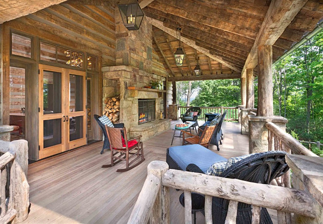 Rustic Home Back Porch with Outdoor Fireplace. #Rustic #Porch #Outdoor #Fireplace #RusticHomes