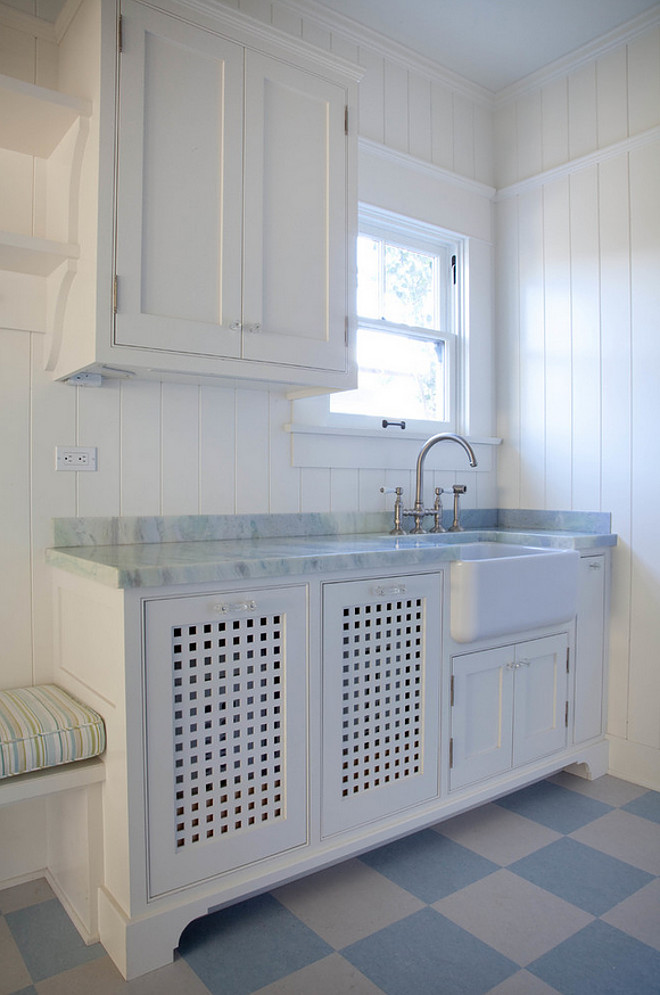 Shiplap Laundry Room Walls. Laundry room with white shiplap wall painted in BM White Dove. #Shiplap #LaundryRoom #BMWhiteDove Kim Grant Design Inc.