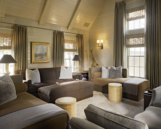 Shiplap Living Room. Neutral Tan Shiplap walls in living room. Hickman Design Associates.