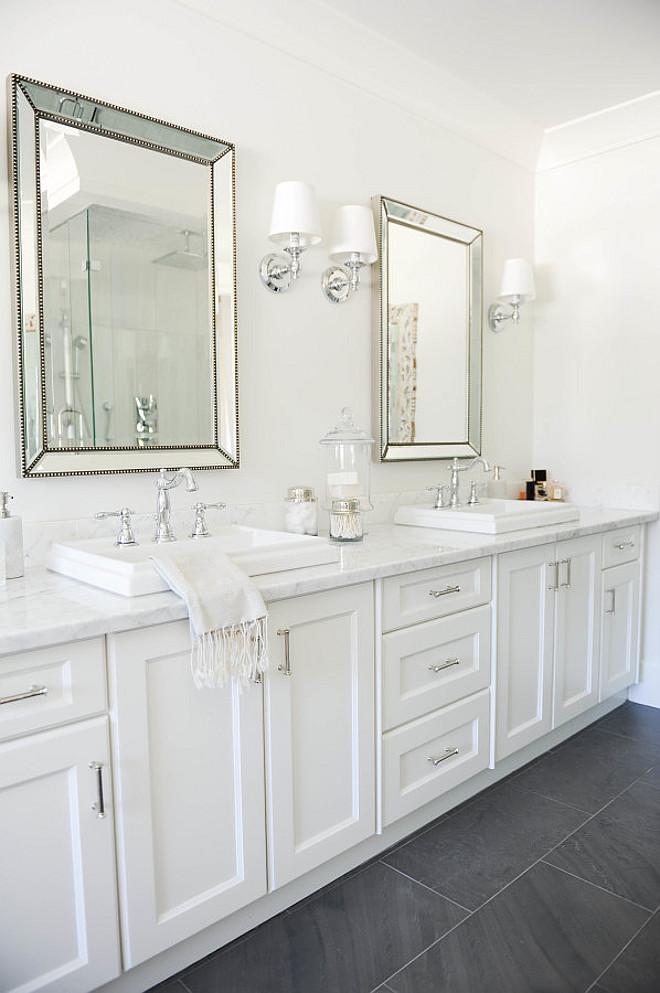 White Bathroom Gray Flooring. White bathroom with grey flooring. White bathroom with gray slate flooring. #White #bathroom #Gray #Flooring Monika Hibbs.