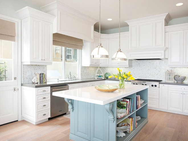 White Kitchen with Blue Island. White kitchen with light blue island. White kitchen with light blue island paint color. #Whitekitchen #lightblueisland AGK Design Studio.
