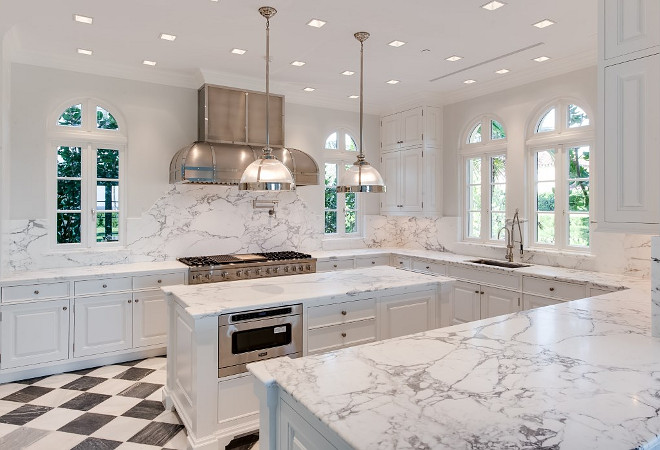  White Kitchen with marble checkered floor tiles, marble countertop and marble slab backsplash. White Kitchen with marble checkered floor tiles. White Kitchen with marble checkered floor tiles and marble countertop. #WhiteKitchen #marble #checkeredfloortiles Sotheby's Homes