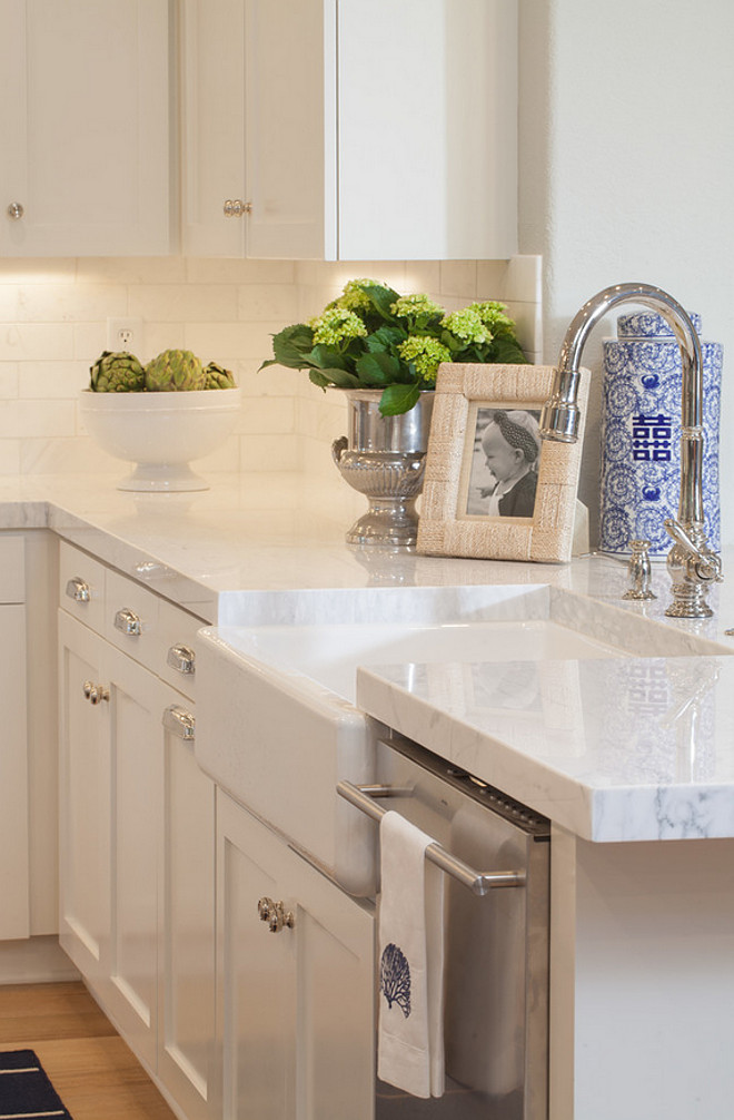 "Kitchen with Thick Countertop". White Quartzite Countertop Ideas. Kitchen with thick White Quartzite Countertop and farmhouse sink. #WhiteQuartzite #Countertop AGK Design Studio.