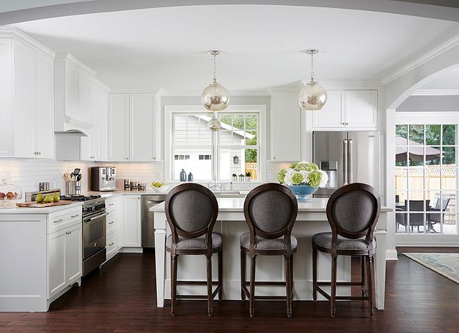 White kitchen with gray barstools. White kitchen with gray barstools from Restoration Hardware. #Whitekitchen #Gray #barstools #RestorationHardware Anchor Builders.