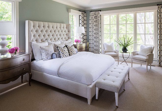 Bernhardt Bed. Master bedroom painted in Benjamin Moore Iced Marble 1578. Bed is Maxime Wing Bed (68-1/2" H) by Bernhardt. #Bernhardt #Bed #BenjaminMooreIcedMarble1578 Martha O'Hara Interiors.