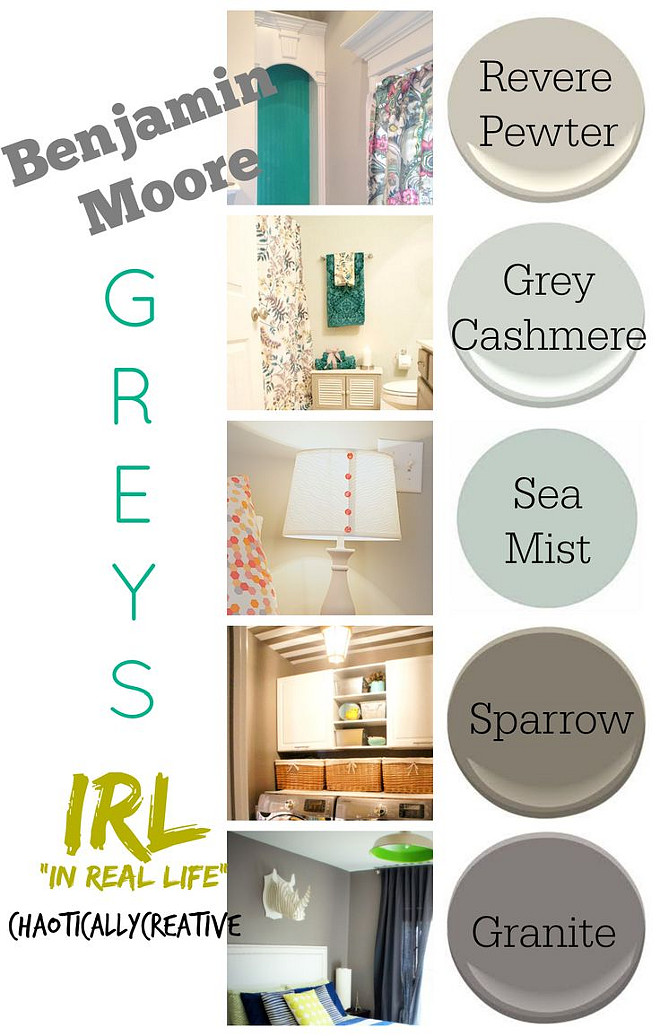Benjamin Moore Popular Paint Colors used by homeowners. Benjamin Moore Revere Pewter. Benjamin Moore Gray Cashmere. Benjamin Moore Sea Mist. Benjamin Moore Sparrow. Benjamin Moore Granite. #BenjaminMoorePaintColors #PopularColors #Popularpaintcolors #RealHomes