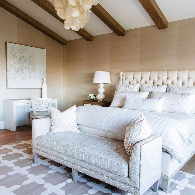 Neutral Bedroom ideas. Neutral bedroom with grasscloth wallpaper, beam ceiling, linen furniture and shell chandelier. #NeutralInteriors #neutralBedroom #neutralbedroomideas #neutralbedroomcolor Waterleaf Interiors. 