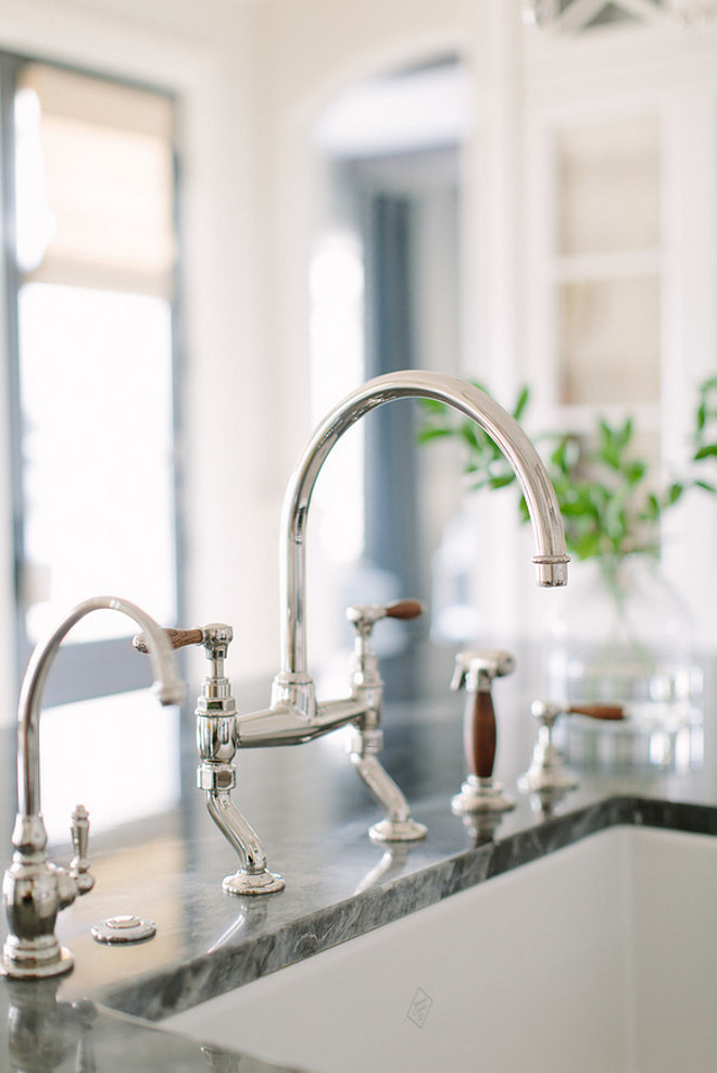 Kitchen Faucet. Waterworks Easton Classic two-hole bridge Gooseneck Kitchen Tap with spray, shown in nickel with oak lever handles. Wood handle Bridge Gooseneck Kitchen Faucet. #KitchenFaucet #WoodHandleFaucet #BridgeFaucet #BridgeGooseneckFaucet #sprayKitchenfaucet Kate Marker Interiors.