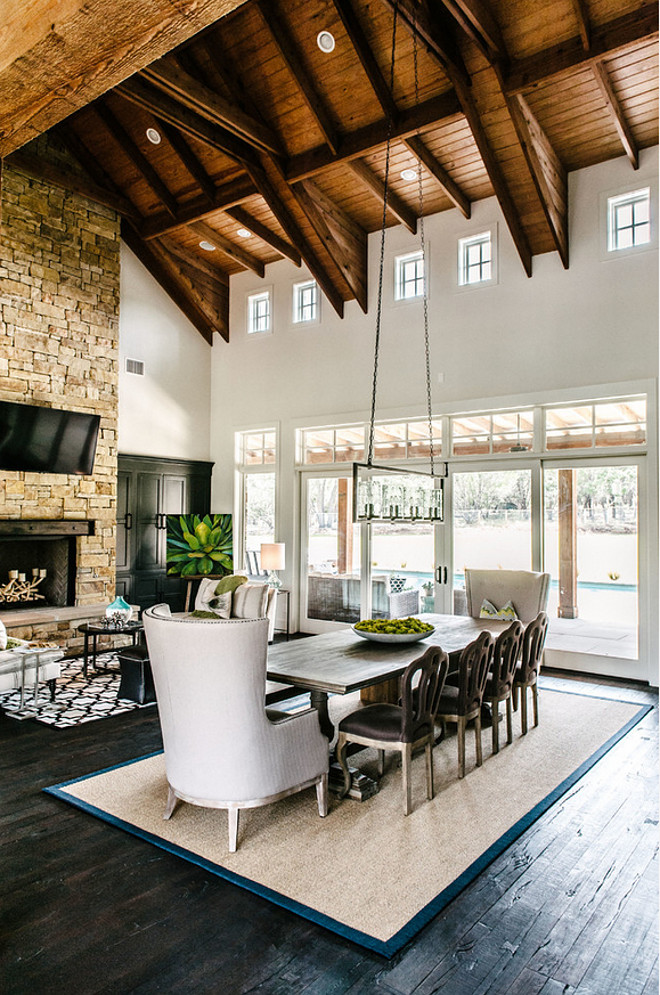 Exposed Wood Ceiling. Living room Dining room with Exposed Wood Ceiling. Exposed Wood Ceiling Ideas. #ExposedWoodCeiling Geschke Group Architecture.