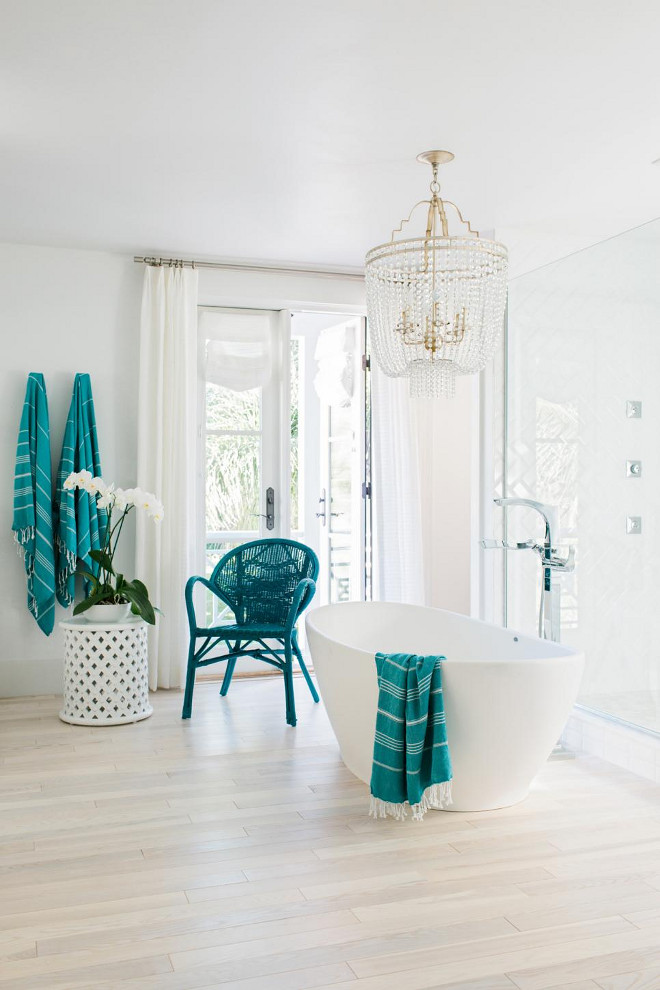 HGTV Dream Home 2016 Bathroom. A crisp white and coastal blue color palette and opulent amenities make the master bathroom the most luxurious room in the house.