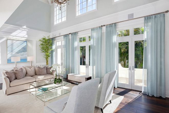 Living room coastal color palette. This formal living room has perfect natural light, custom window treatments and a soft coastal color palette.