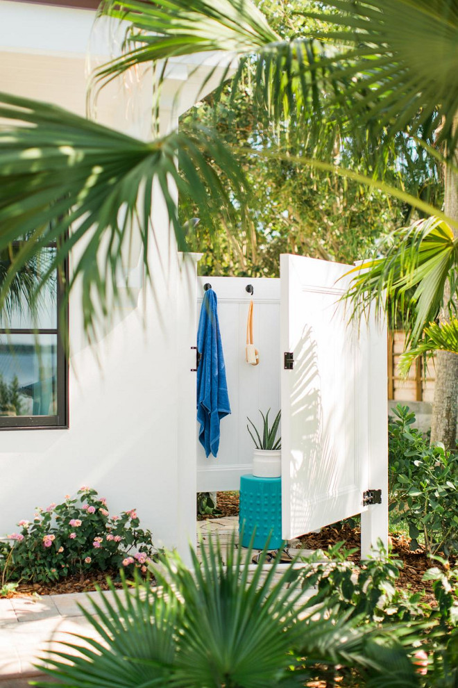 Outdoor Shower. Beach House Outdoor shower. An outdoor shower tucked into the corner of the outdoor living space provides a place to wash off beach sand.