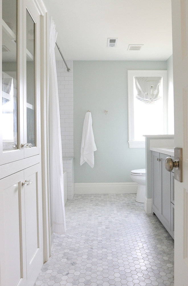 Soft bathroom paint color Sherwin Williams Sea Salt. Sherwin Williams Sea Salt Wall Paint Color. #SherwinWilliamsSeaSalt STUDIO MCGEE