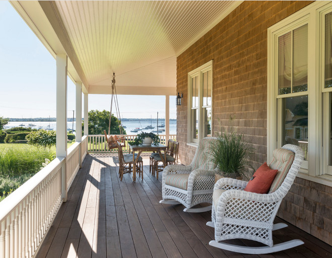 Single home porch. Shingle home front porch with swing and ocean view. Single home porch beadboard ceiling. #Singlehomeporch #Singlehome #porch