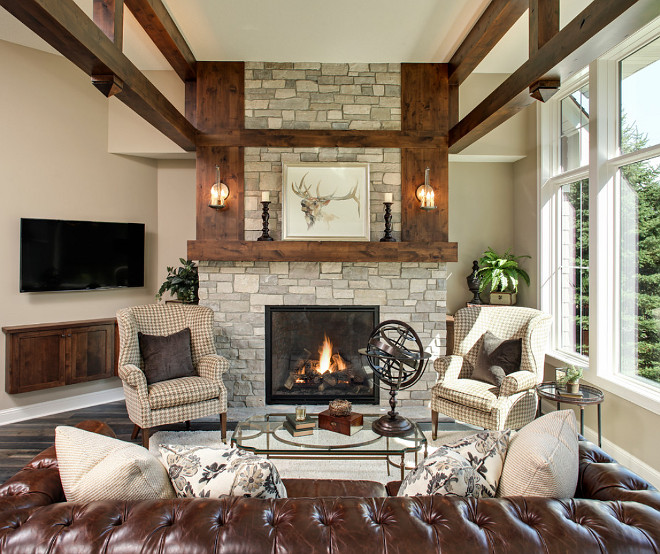 Stone Fireplace. Stone Fireplace Ideas. Stone Fireplace Living room. Living room with Stone Fireplace. Stone Fireplace with beams. #StoneFireplace Pillar Homes.