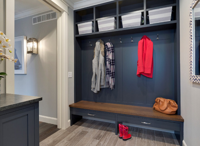 Navy Cabinet Lockers in Mudroom. Mudroom with navy cabinets. The cabinets are enameled in Hale Navy - Ben Moore HC-154. The walls are painted are Silver Chain - Ben Moore 1472. Mudroom #NavyCabinet Grace Hill Design