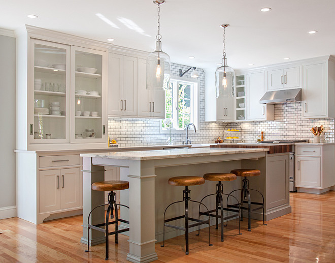 White kitchen with gray island. White kitchen with gray island photos and ideas. White kitchen with gray island paint color. White kitchen with subway tiles and gray island. #WhitekitchenGrayIsland Pennville Custom Cabinetry