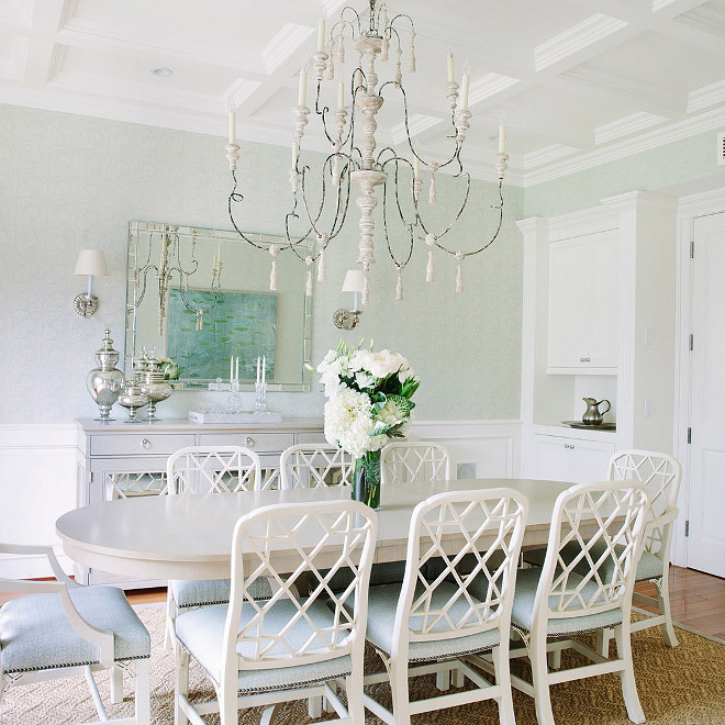 Dining Room French Chandelier - Dining room features a large French candle chandelier illuminating a gray oval dining table lined with white lattice back dining chairs accented with light blue seat cushions - #FrenchChandelier #DiningRoom #DiningRoomFrenchChandelier Waterleaf Interiors