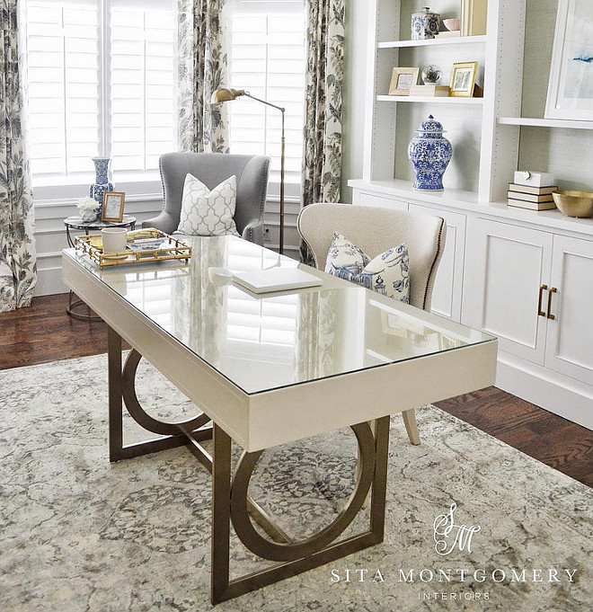 Home Office. Neutral home office with comfortable furniture. Home Office Ideas. Home Office Desk. Home Office Chairs. Home Office Draperies. Home Office Flooring. Home Office rug. Sita Montgomery Interiors