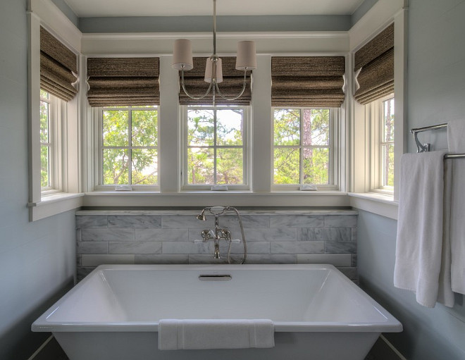 Bathroom Window Treatment. Bathroom Window Treatment Ideas. Bathroom with Lined Roman Shades. #BathroomWindowTreatment #BathroomWindows #BathroomRomanShades 30A Interiors