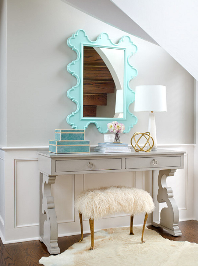 Foyer Console Table and Mirror. Gray foyer with pale gray console table and turquoise mirror. #Foyer #FoyerConsoleTable #FoyerMirror Bria Hammel Interiors. Gridley + Graves Photography