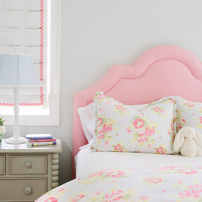 Girls Bedroom Ideas Pink and gray girl's bedroom features a pink candy stripe headboard Girls Room #GirlsBedroom #Pinkheadboard #KidsBedroom #GirlsRoom Waterleaf Interiors