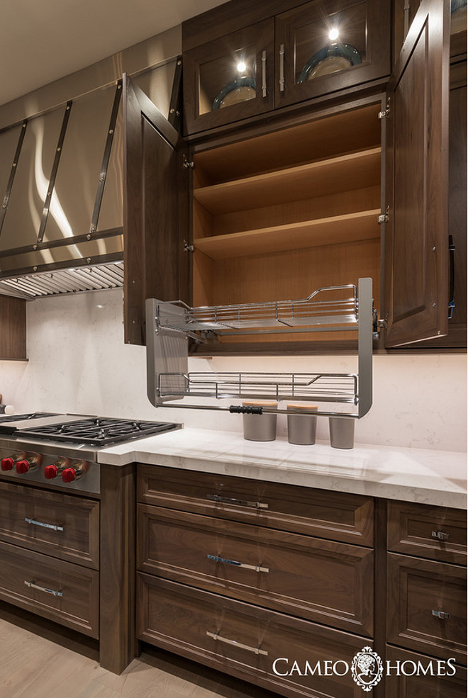 Kitchen pull out rack. Kitchen upper cabinet with pull out rack for oils and spices. #kitchen #pulloutrack #kitchencabinetpulloutrack Cameo Homes Inc.