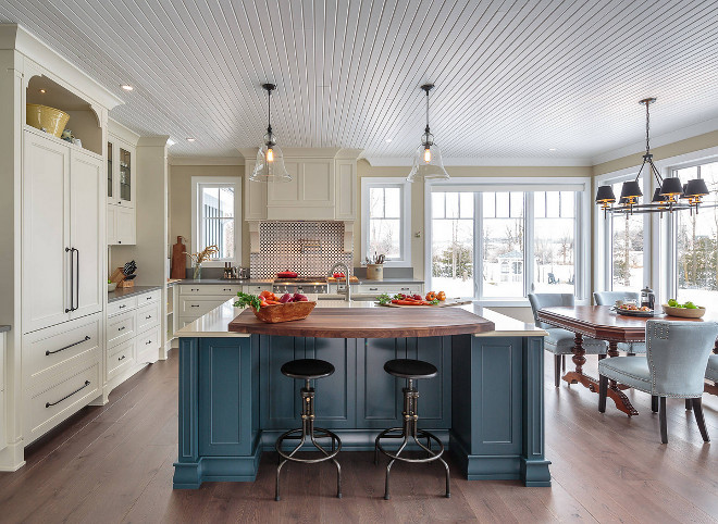 Kitchen with blue island and beadboard ceiling Kitchen beadboard ceiling and blue kitchen island #kitchen #bluekitchenisland #kitchenbeadboardceiling #beadboardceiling