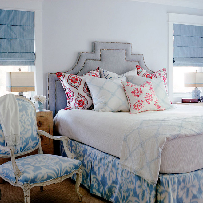 Light blue bedroom with gray headboard, Master bedroom with light blue walls and gray headboard #LightBlueBedroom #Bluebedroom #Grayheadboard Waterleaf Interiors