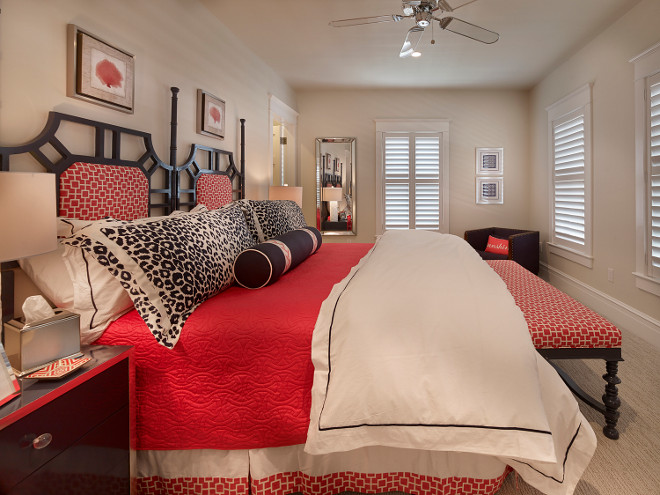 Navy and Red Bedroom Decorating Ideas. Classic coastal bedroom decorated in navy and red. Navy and red decor. Navy and red interiors. #NavyandRed #NavyredBedroom #NavyredBedroomdecor #Coastalbedroom #Classiccoastalinteriors #Coastalcolorpalette Asher Associates Architects. Megan Gorelick Interiors