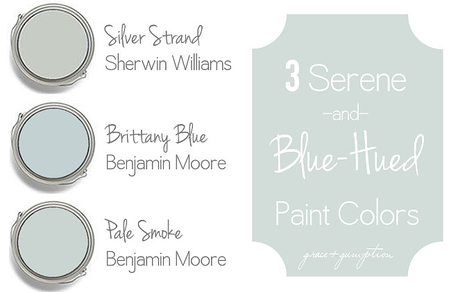 Coastal Blue and Blue Gray Paint Colors. Silver Strand Sherwin Williams. Brittany Blue Benjamin Moore. Benjamin Moore Pale Smoke. #SherwinWilliamsSilverStrand #BenjaminMooreBrittanyBlue #BenjaminMoorePaleSmoke Via Grace and Gumption. 