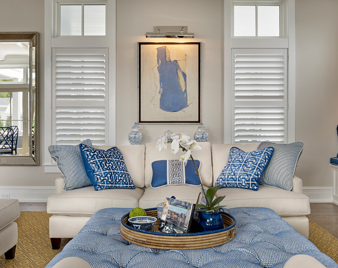 Neutral living room with blue and white decor. Beach house living room with blue and white decor. Blue and white decor. Neutral interior blue and white decor. #Blueandwhite #Beachhouse #Blueandwhitedecor #livingroom Asher Associates Architects. Megan Gorelick Interiors