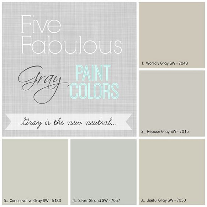 Great Gray Paint Colors for Every Room in the House. Sherwin Williams Worldly Gray SW 7043. Sherwin Williams Repose Gray SW7015. Sherwin Williams Useful Gray SW7050. Sherwin Williams Silver Strand SW7057. Sherwin Williams Conservative Gray SW6183. Finding Fabulous Blog.