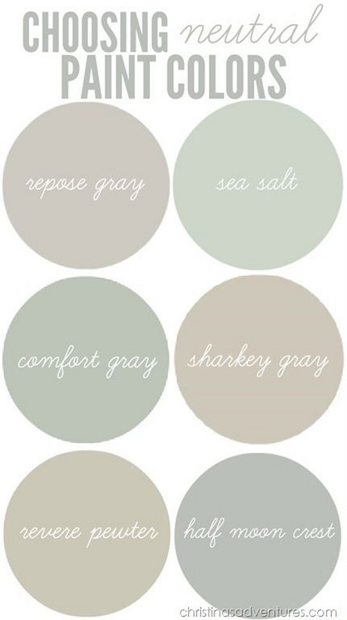 Choosing neutral paint color for your interiors. Neutral Paint Color Best Sellers. Sherwin Williams Repose Gray. Sherwin Williams Sea Salt. Sherwin Williams Comfort Gray. Martha Stewart Sharkey Gray. Benjamin Moore Revere Pewter. Benjamin Moore Half Moon Crescent. Via Christinas Adventures. 