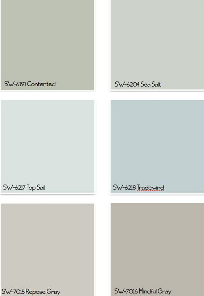 Coastal Colors for any home any style. Sherwin Williams SW6191 Contented. Sherwin Williams SW6204 Sea Salt. Sherwin Williams SW6217 Top Sail. Sherwin Williams SW6218 Tradewind. 7015 Re[pse Gray. Sherwin Williams SW7016 Mindful Gray. #CoastalColors #CoastalPaintColors #CoastalBluePaintColor #CoastalGreenPaintColor #CoastalGrayPaintColors #SherwinPaintcolors 