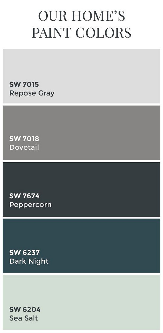 Transitional Home Color Scheme. Transitional Whole House Color Palette. Sherwin Williams SW7015 Repose Gray. Sherwin Williams SW7018 Dovetail. Sherwin Williams SW7674 Peppercorn. Sherwin Williams SW6237 Dark Night. Sherwin Williams SW6204 Sea Salt. #SherwinWilliamsPaintColors 