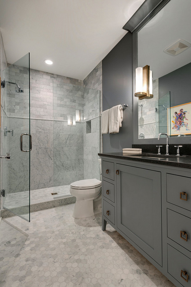Gray bathroom with hex marble floor tiles. Bathroom Hex Flooring. Bathroom Hex Marble Flooring. Bathroom Hex Tiles. #BathroomHexTiles #BathroomHexMarbleTiles #BathroomHexFlooing #BathroomHextiling #BathroomHexfloortiles #GrayBathroomHex #HexTiles Spacecrafting Photography. City Homes Design and Build, LLC. Jodi Mellin Interiors