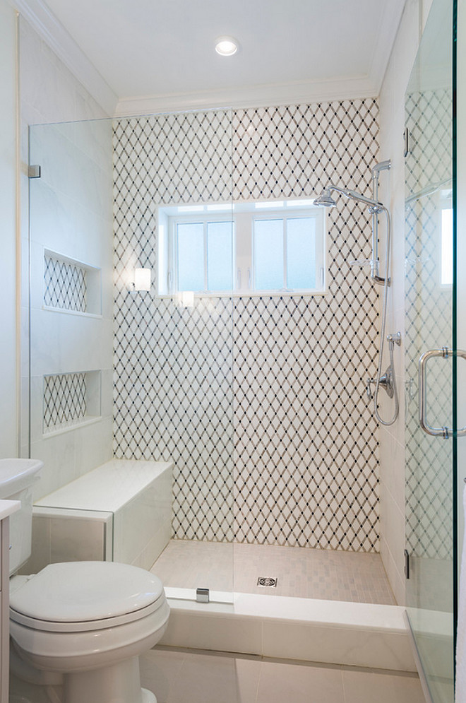 Bathroom Shower Tile and Bench. Bathroom Shower Tile and Bench Ideas. Combination of tiles in shower. #Bathroom #ShowerTile #ShowerBench Sarah Gallop Design Inc.