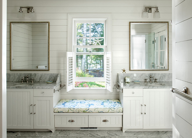 Bathroom with window seat. Bathroom with window seat separating both vanities. Bathrooom window seat #Bathroom #Windowseat Banks Design Associates