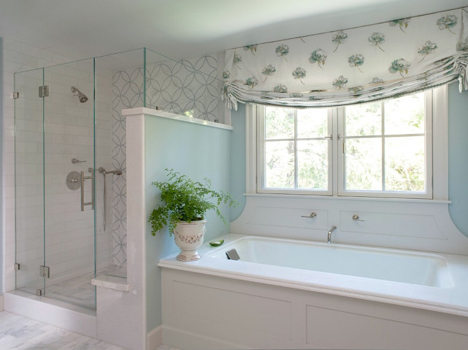 Bathtub surround millwork. The wall color is Benjamin Moore Palladian Blue. The tub surround was detailed to include the wall mount faucet. #BenjaminMoorePalladianBlue Johnston Home LLC
