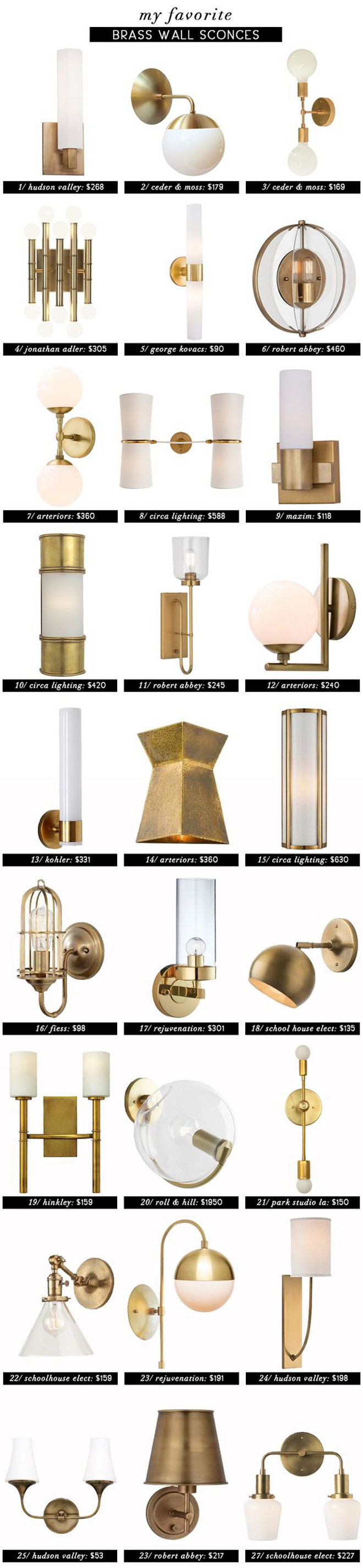 Brass Wall Sconces Roundup. Brass Wall Sconces. List of Brass Wall Sconces with price. # BrassWallSconces #BrassSconce #Brasssconces #ListBrassSconces #SconcePrice Via Emily Henderson.